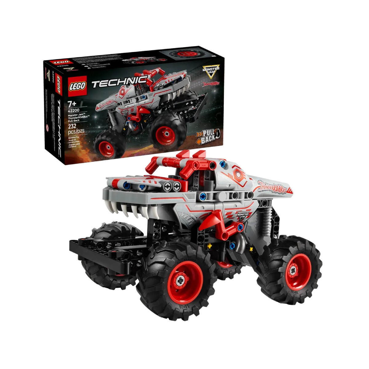 Lego Technic canavar kamyon kutusu ve monte edilmiş kamyon. Kırmızı detaylara ve büyük tekerleklere sahip gri kamyon.
