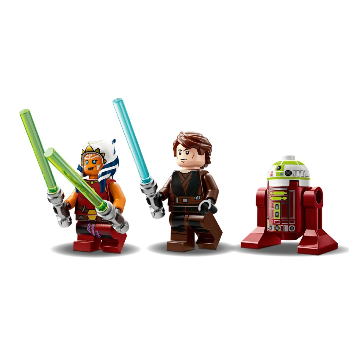 Drei Lego Star Wars Figuren: zwei mit Lichtschwertern, ein roter Droide. Weißer Hintergrund.