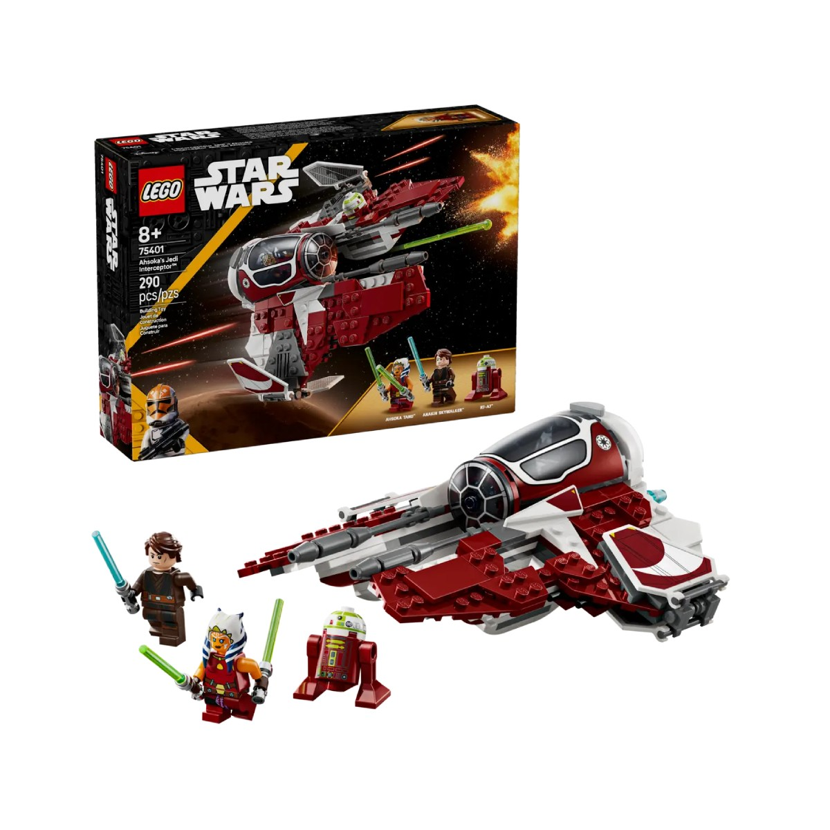 LEGO Star Wars Set, rot-weißes Schiff mit Anakin, Ahsoka und einem Droiden.