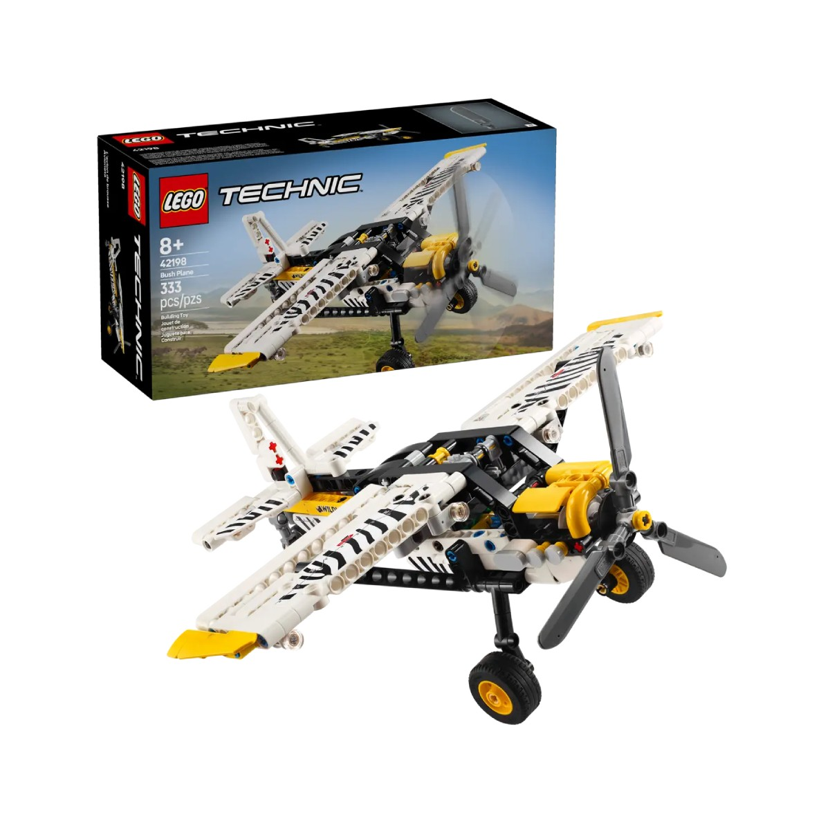 Zestaw LEGO Technic dwupłatowiec z żółto-białym designem, ze śmigłem i pudełkiem.