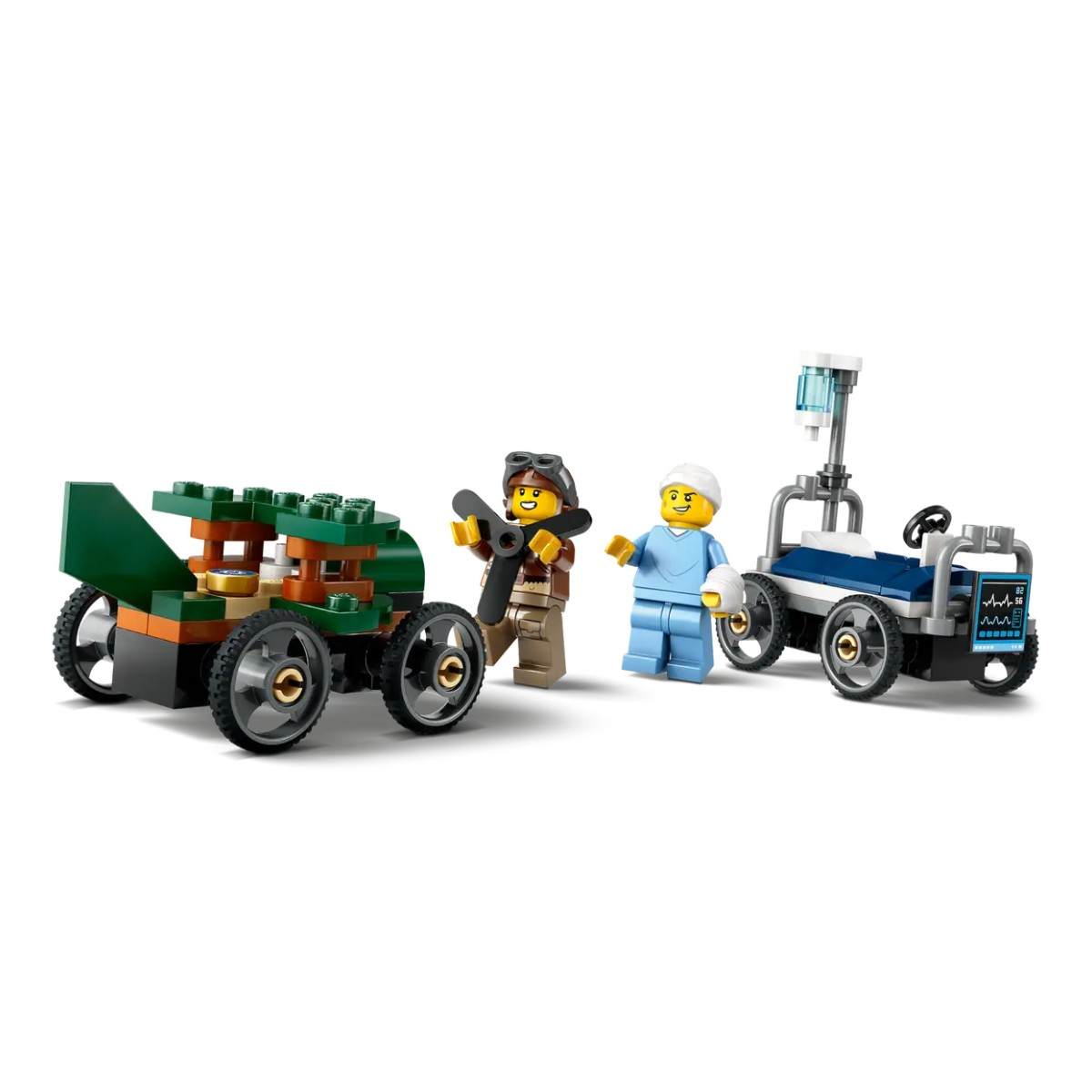 Ensemble LEGO : Figurines avec un véhicule vert et une voiture médicale.