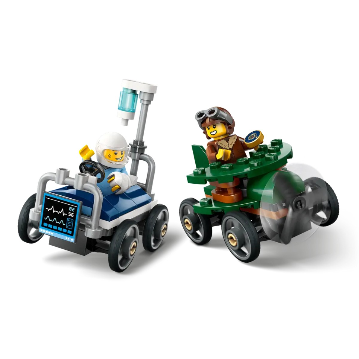 Ensemble LEGO : Figurines avec une voiture médicale et un véhicule à hélice.