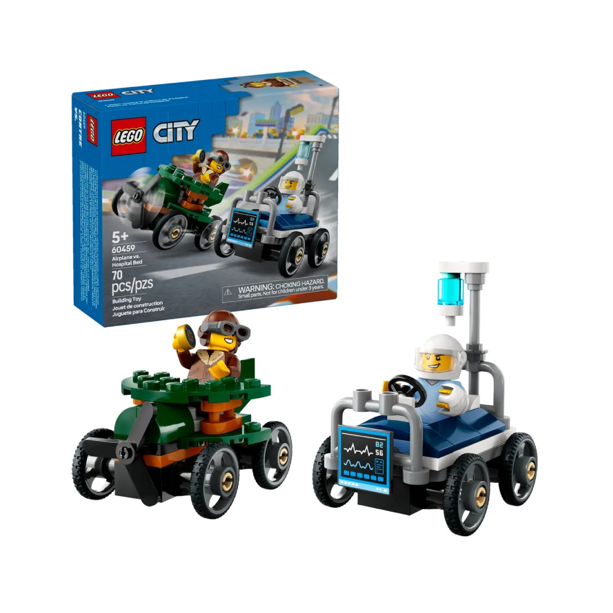 Set LEGO City avec deux voitures jouets, une verte et une bleue, et des figurines.