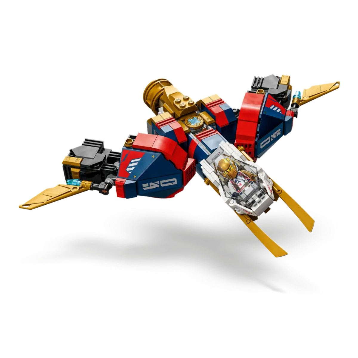 Samolot LEGO Ninjago z minifigurką w kokpicie. Złote i czerwone kolory.