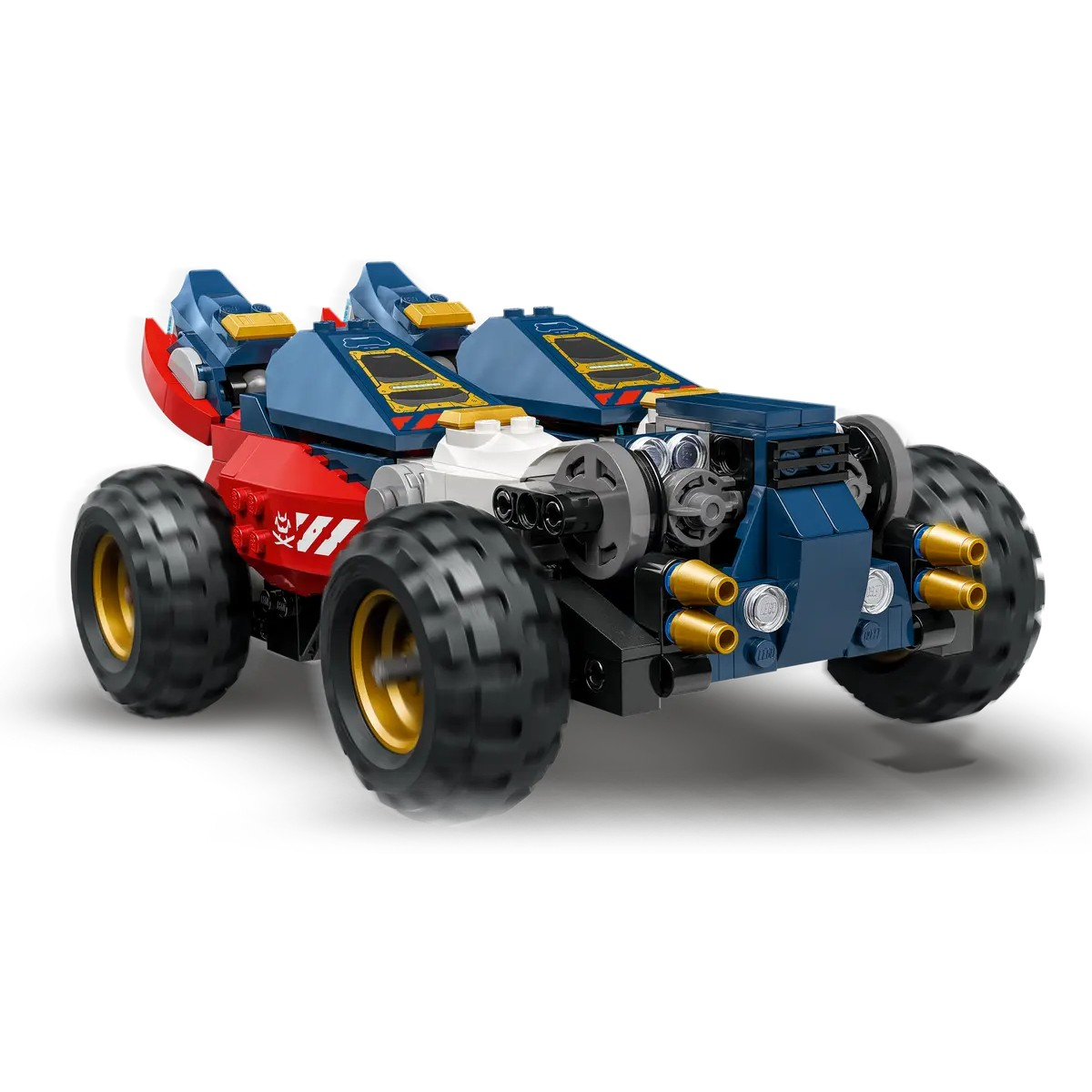 Zabawka LEGO samochód z dużymi oponami i niebiesko-czerwonym schematem kolorów.