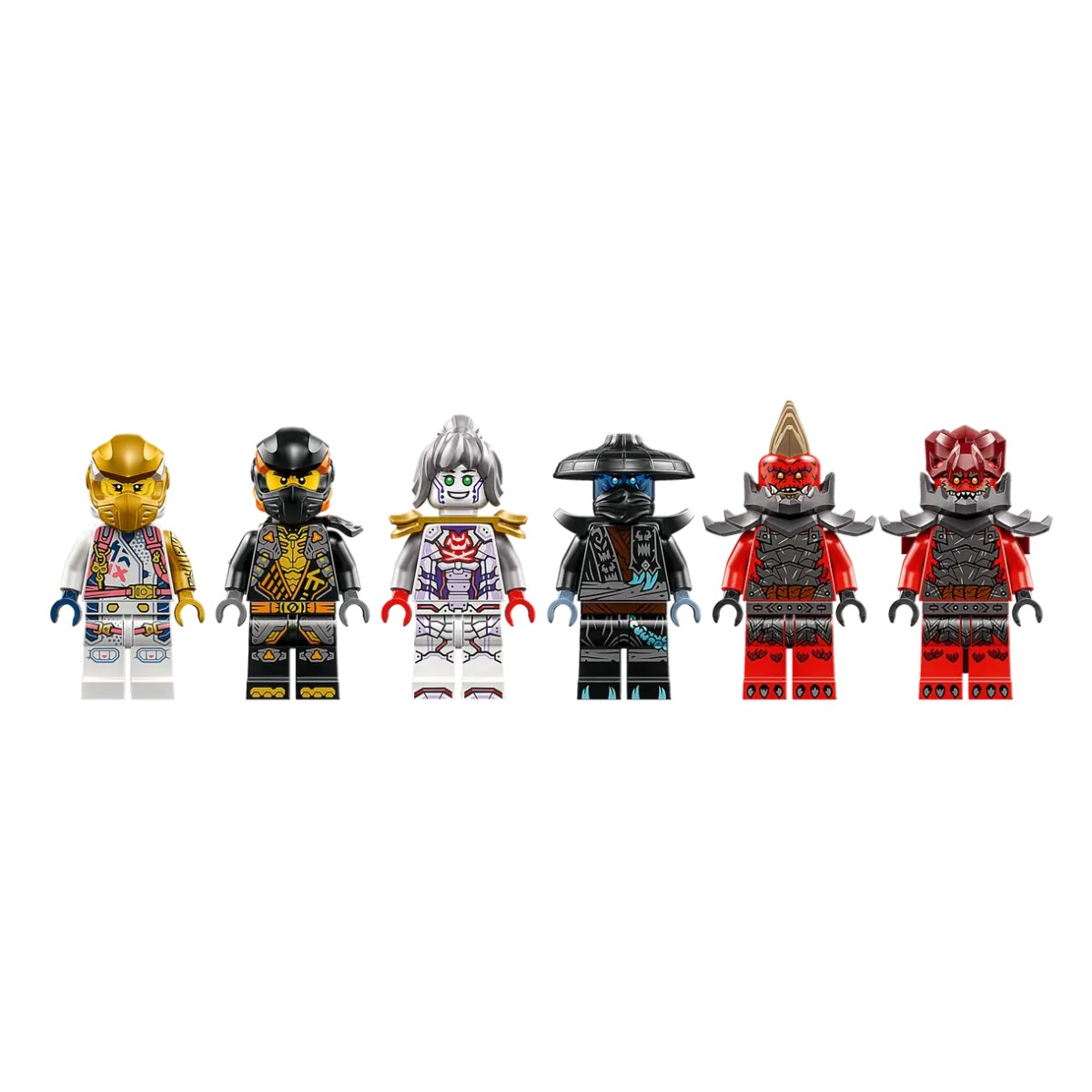 Rząd minifigurek LEGO Ninjago na białym tle.