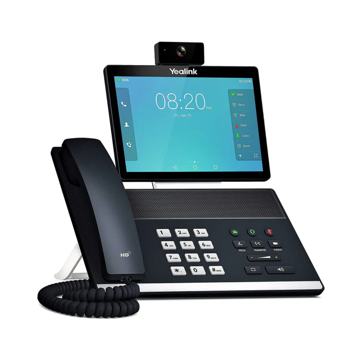 Telefon wideo Yealink z ekranem pokazującym godzinę, kamerą internetową i elementami sterowania telefonem.