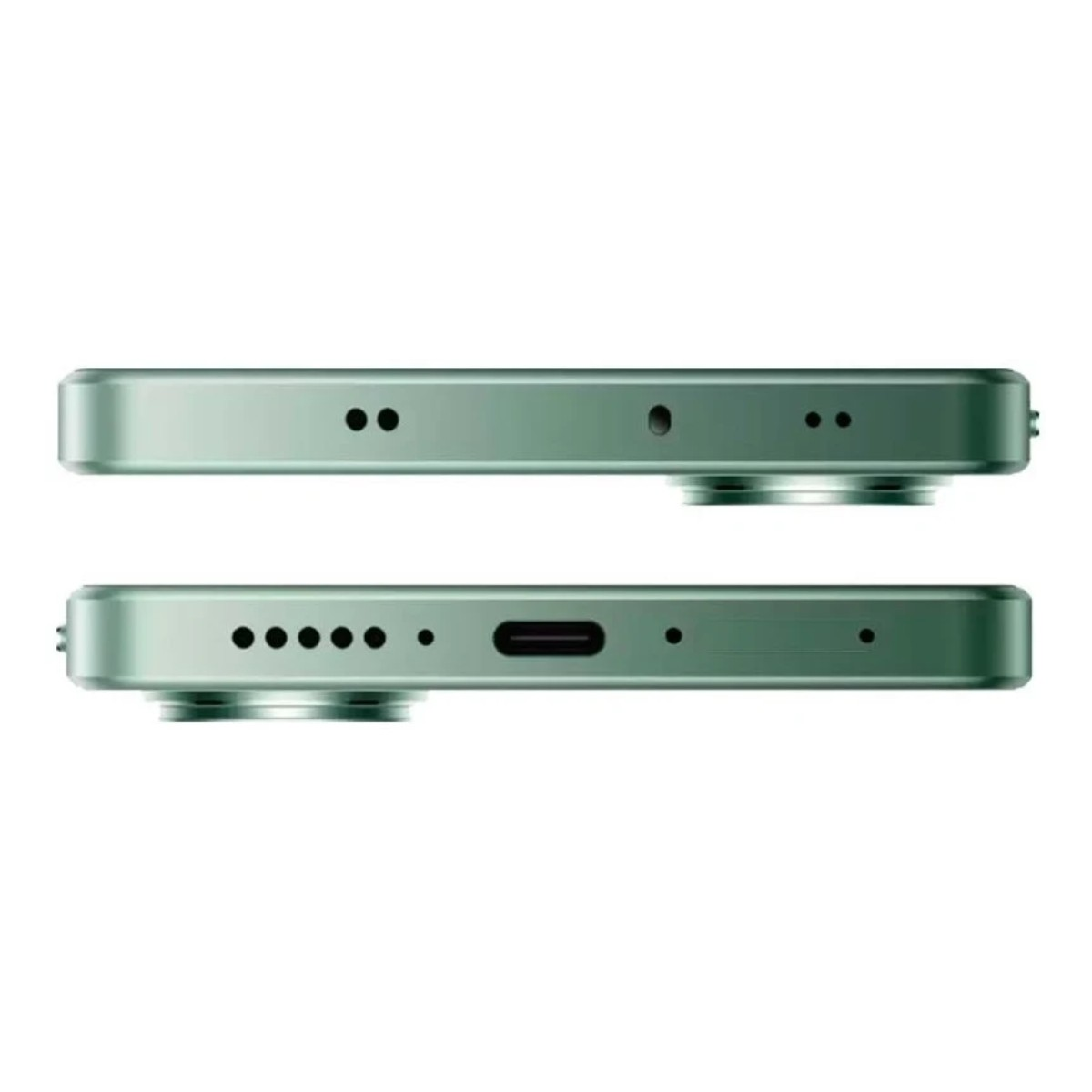 Zbliżenie zielonego telefonu z kilkoma otworami i portem USB-C.