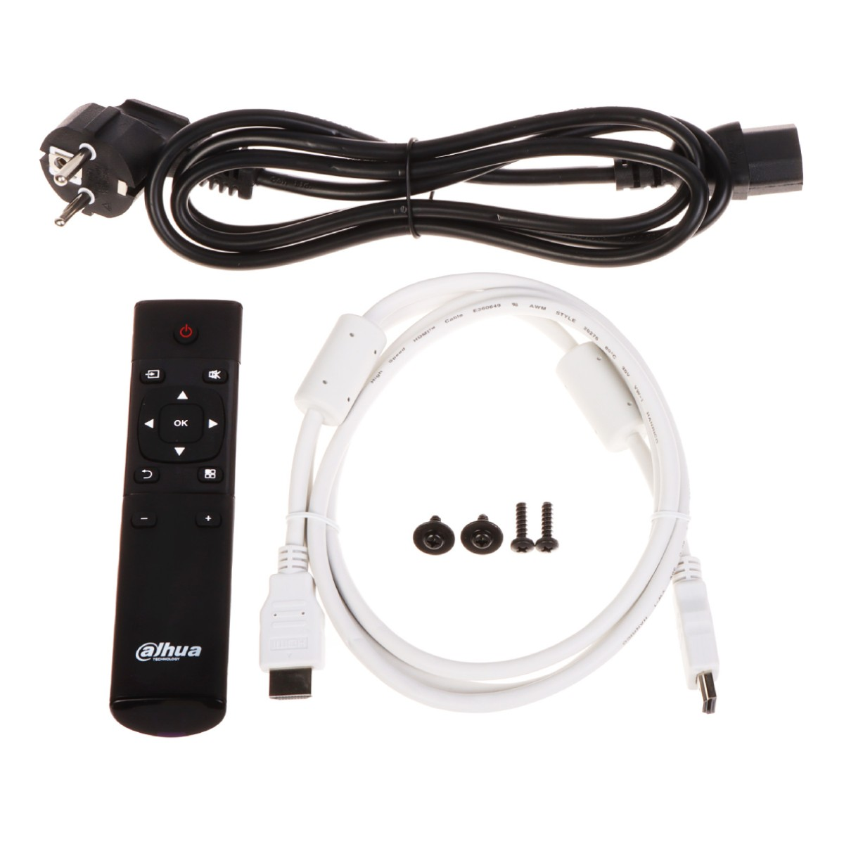 Zwarte afstandsbediening, netsnoer en een witte HDMI-kabel met schroeven.