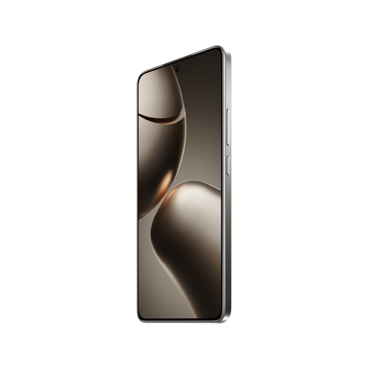 Smartfon z zakrzywionym ekranem, metalicznym wykończeniem i wypukłością aparatu.