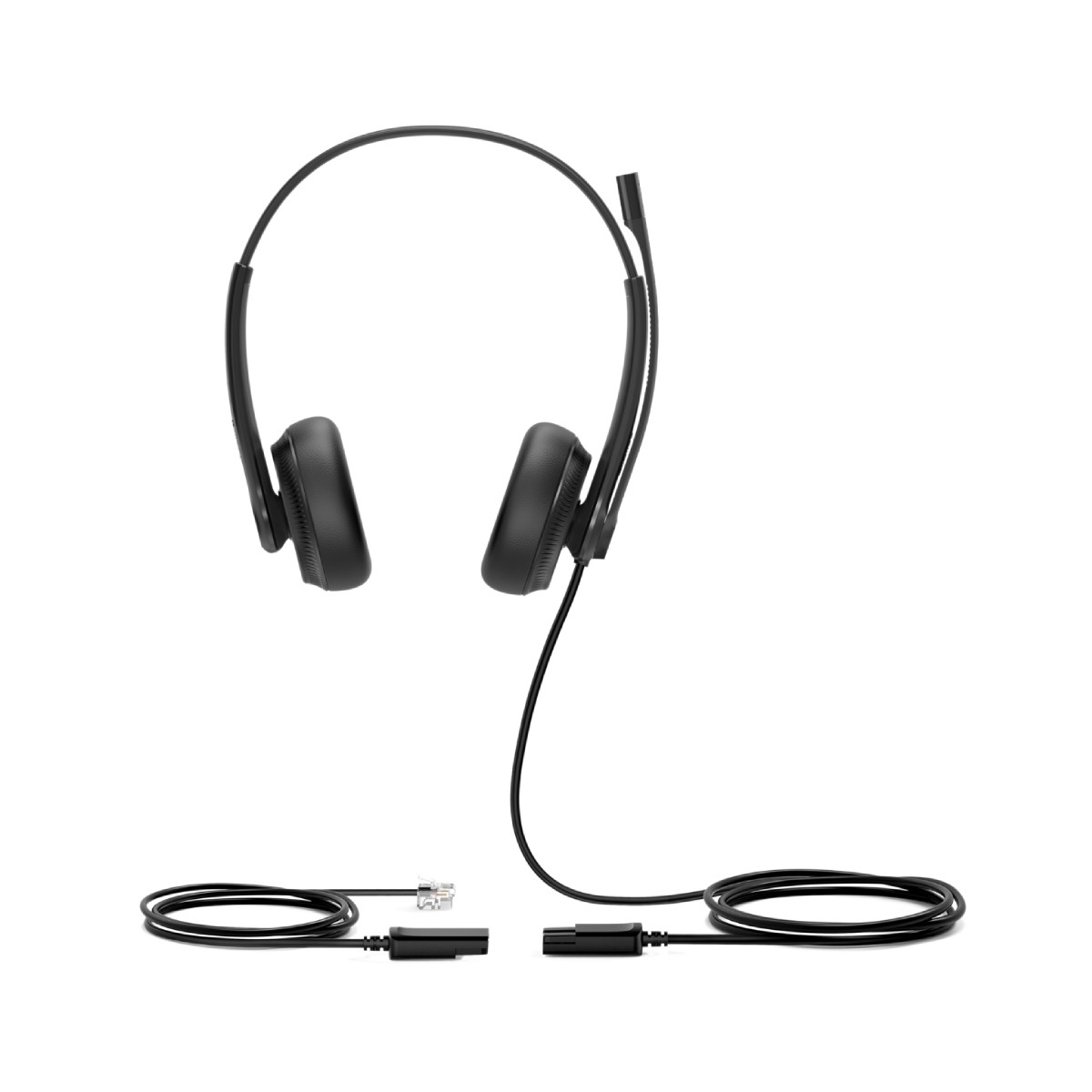 Cuffie nere con due padiglioni auricolari e microfono, con cavo e connettore.