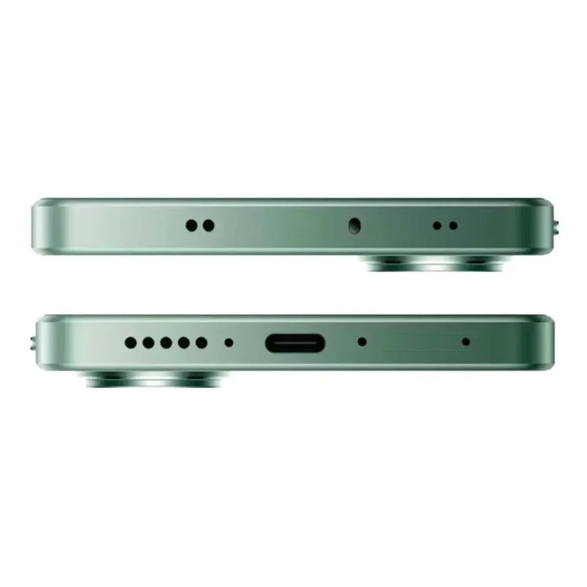 Dwa widoki boczne zielonego telefonu z wieloma otworami i portem ładowania. Czarne tło.