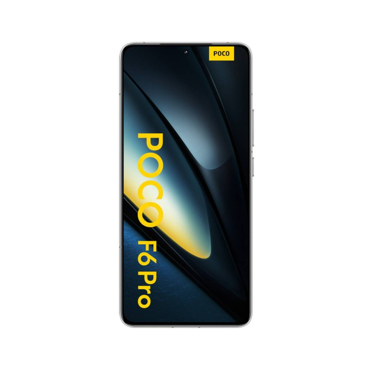 Czarny telefon z ekranem. Widoczny tekst POCO F6 Pro. Telefon ma żółte logo.