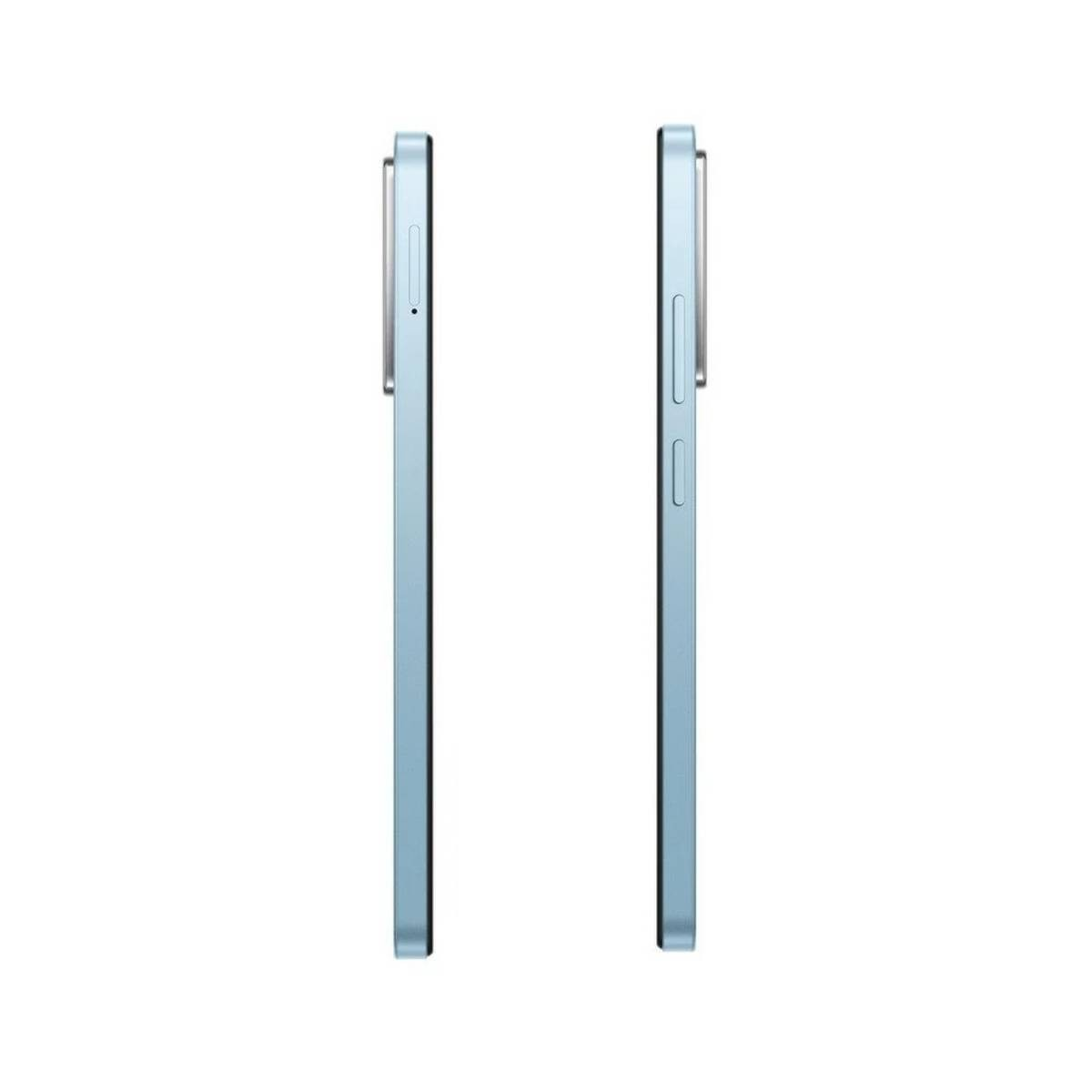 Two side views of a light blue phone. Both phones are identical and in the same orientation.
