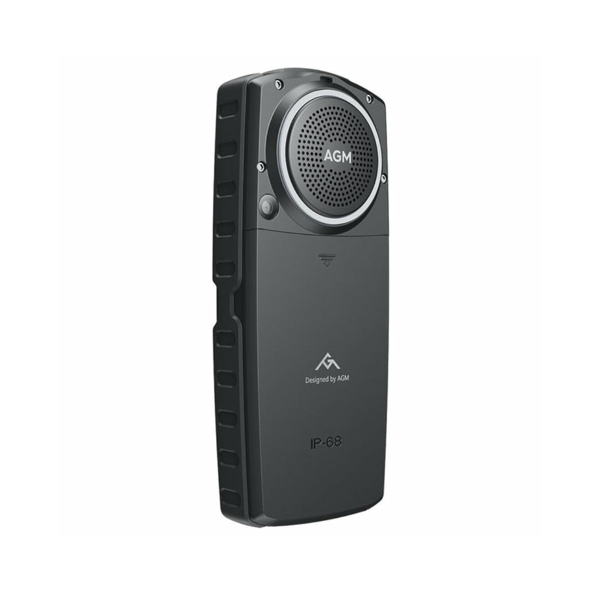 Schwarzes Telefon. Das Telefon hat einen Lautsprecher, Tasten und ein Logo. Das Telefon ist robust.