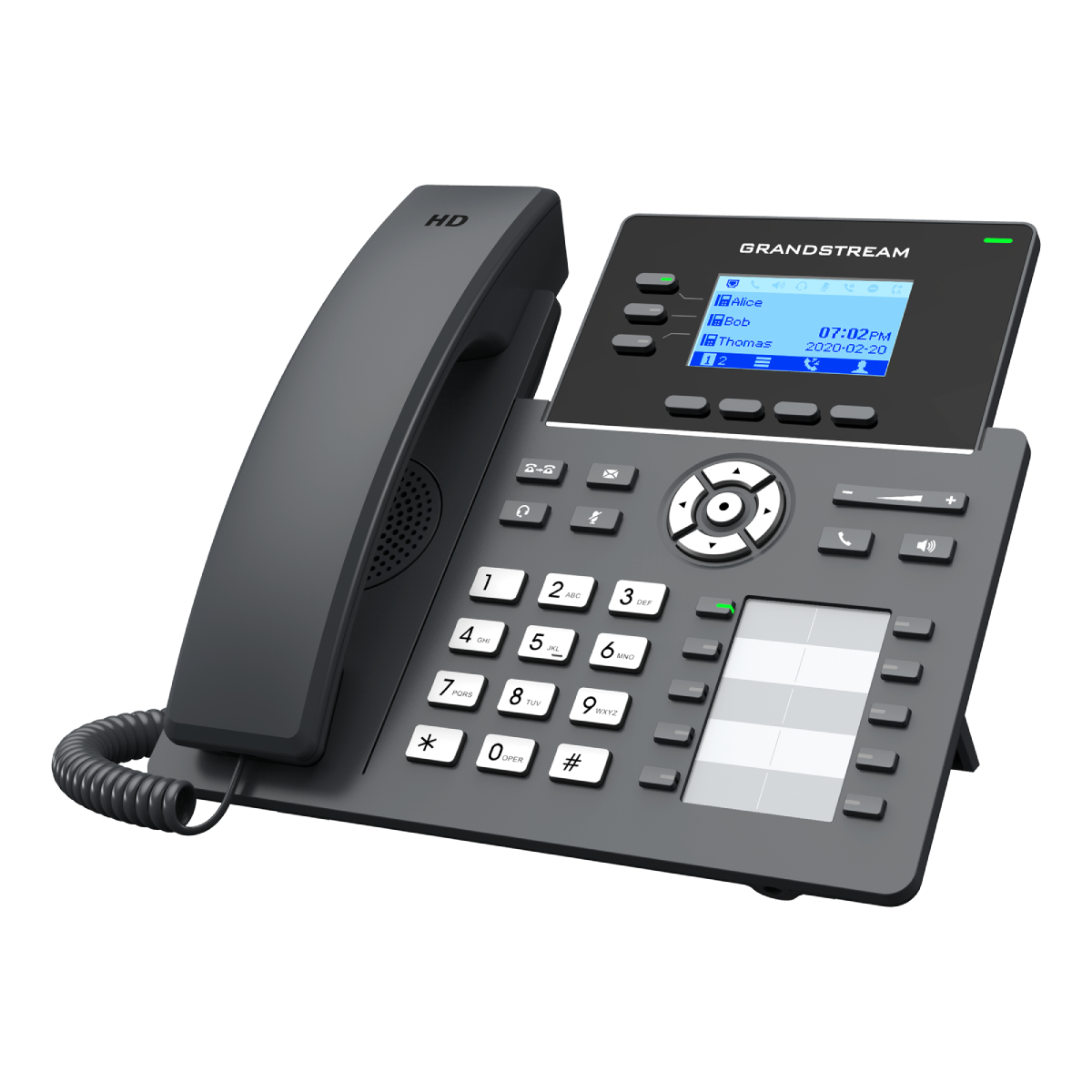 Ein schwarzes Tischtelefon mit Display, das Zeit und Kontakte anzeigt, mit Tasten und Hörer.