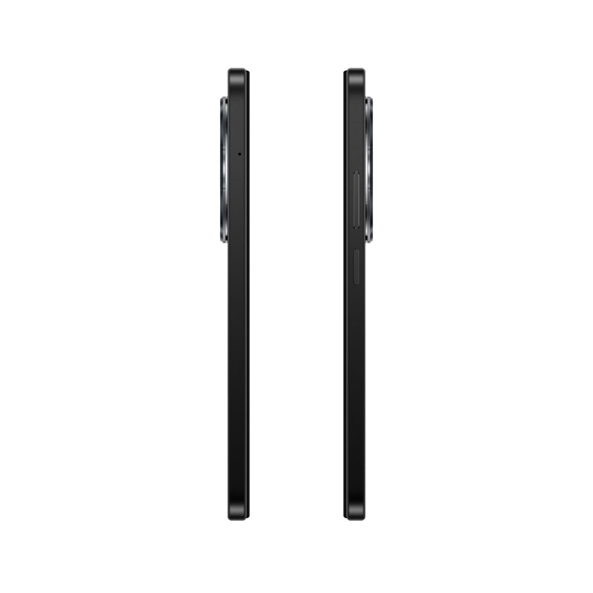 Dwa czarne smartfony widoczne z boku, pokazujące wybrzuszenia aparatu i elegancki design.