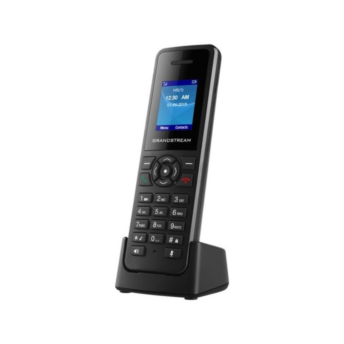 Schwarzes Grandstream-Telefon und -Basis, abgewinkelt auf Weiß, mit Uhrzeit, Menü, Kontakten.