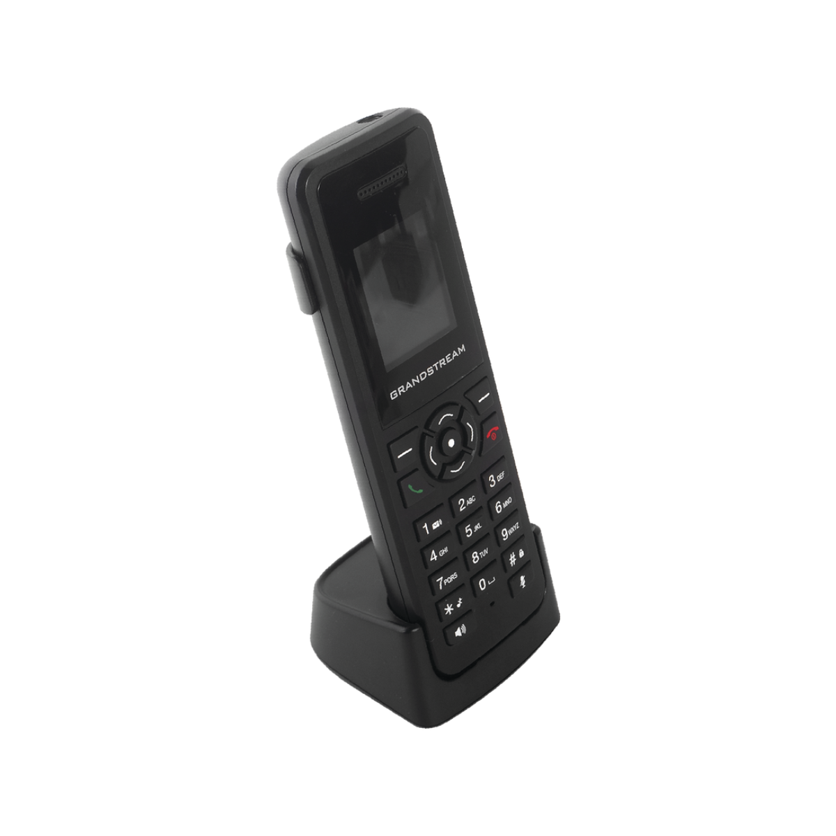 Schwarzes Grandstream-Telefon in Basis, abgewinkelt, weißer Hintergrund. Tasten sichtbar.