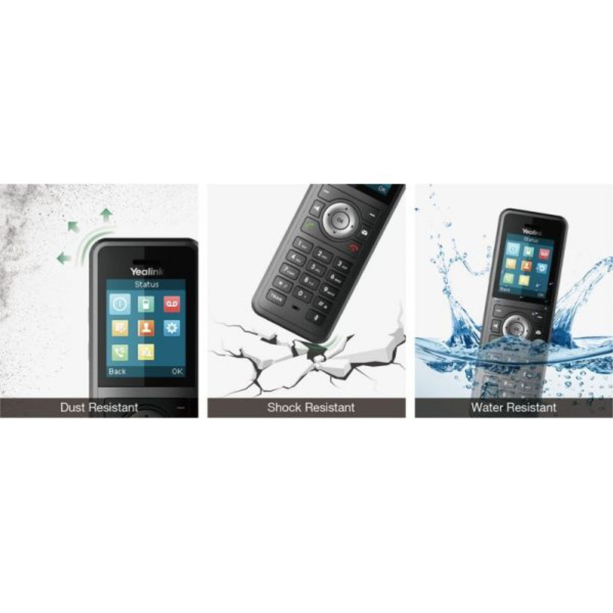 Telefono Yealink, resistente a polvere, urti e acqua, con schermate dell'interfaccia.