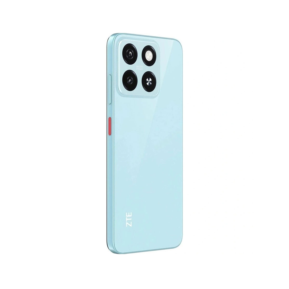 Parte trasera de un teléfono celeste con cuatro cámaras, botón rojo y logo ZTE, fondo blanco.
