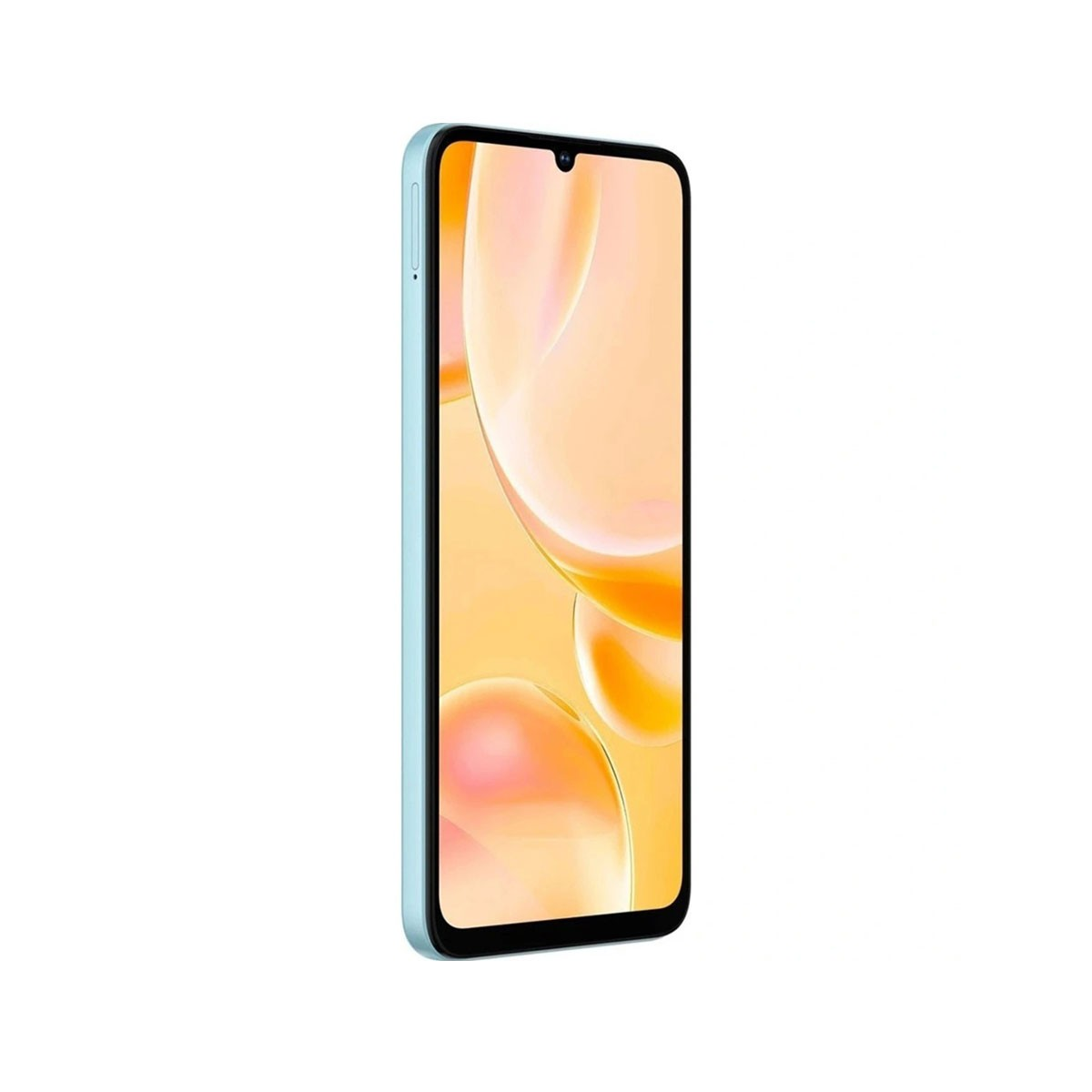 Un smartphone turquesa mostrando una pantalla con burbujas amarillas y un marco azul claro.