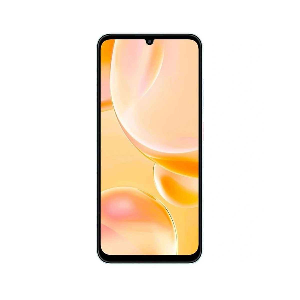 Vista frontal de un smartphone con fondo colorido sobre superficie blanca.