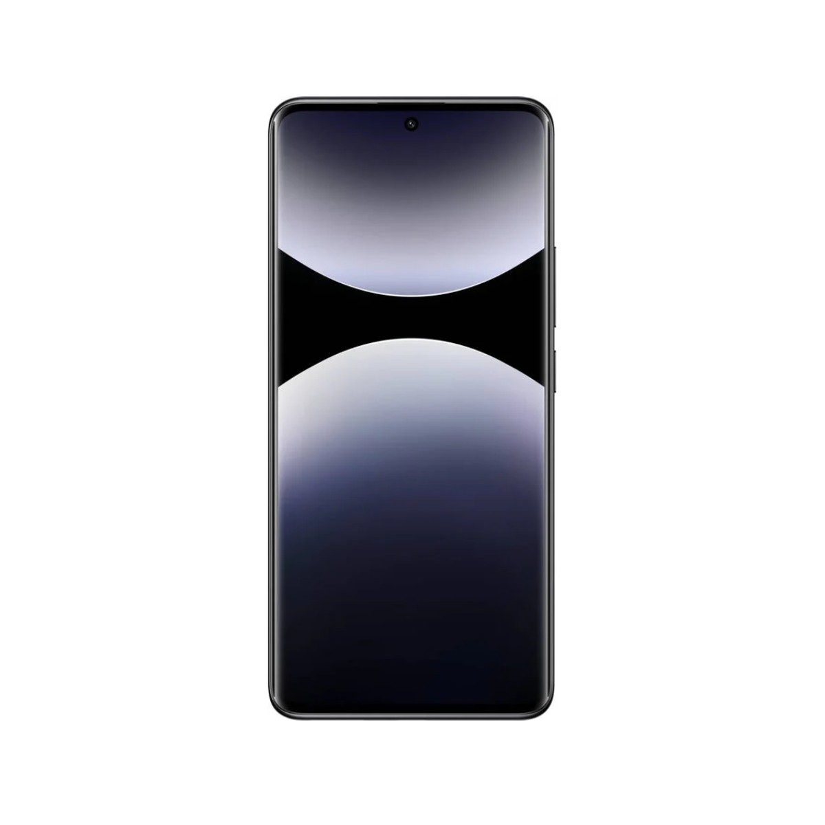 Smartfon z zakrzywionym ekranem, czarny korpus, białe tło.