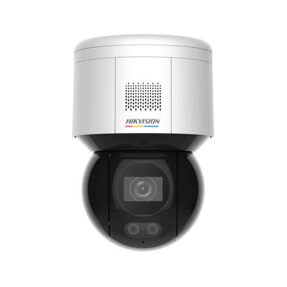 Telecamera di sicurezza Hikvision, parte superiore bianca, inferiore nera, isolata su bianco.