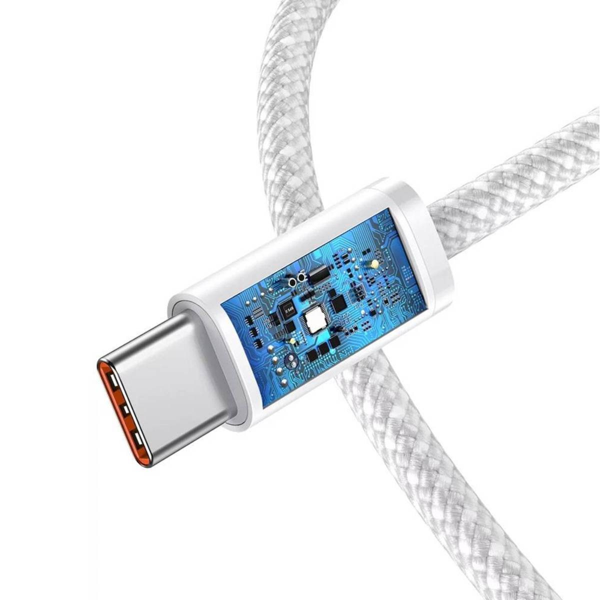 USB-C-Kabelanschluss mit blauem Leiterplattendesign, weißes Kabel.
