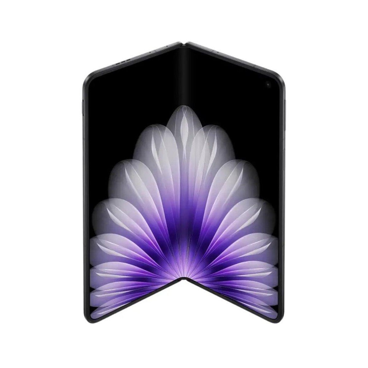 Ein zusammengeklapptes schwarzes Telefon mit lila Bildschirm. Der Hintergrund ist weiß.
