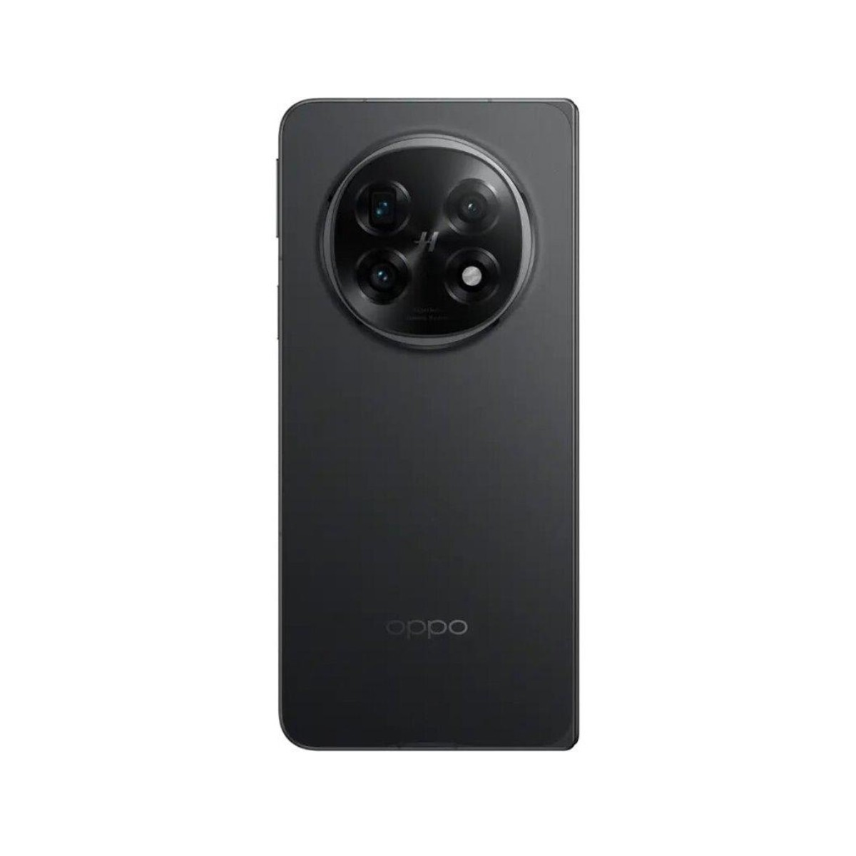 Schwarze Telefonrückseite mit kreisförmigem Kameramodul und dem Markenlogo OPPO auf weißem Hintergrund.