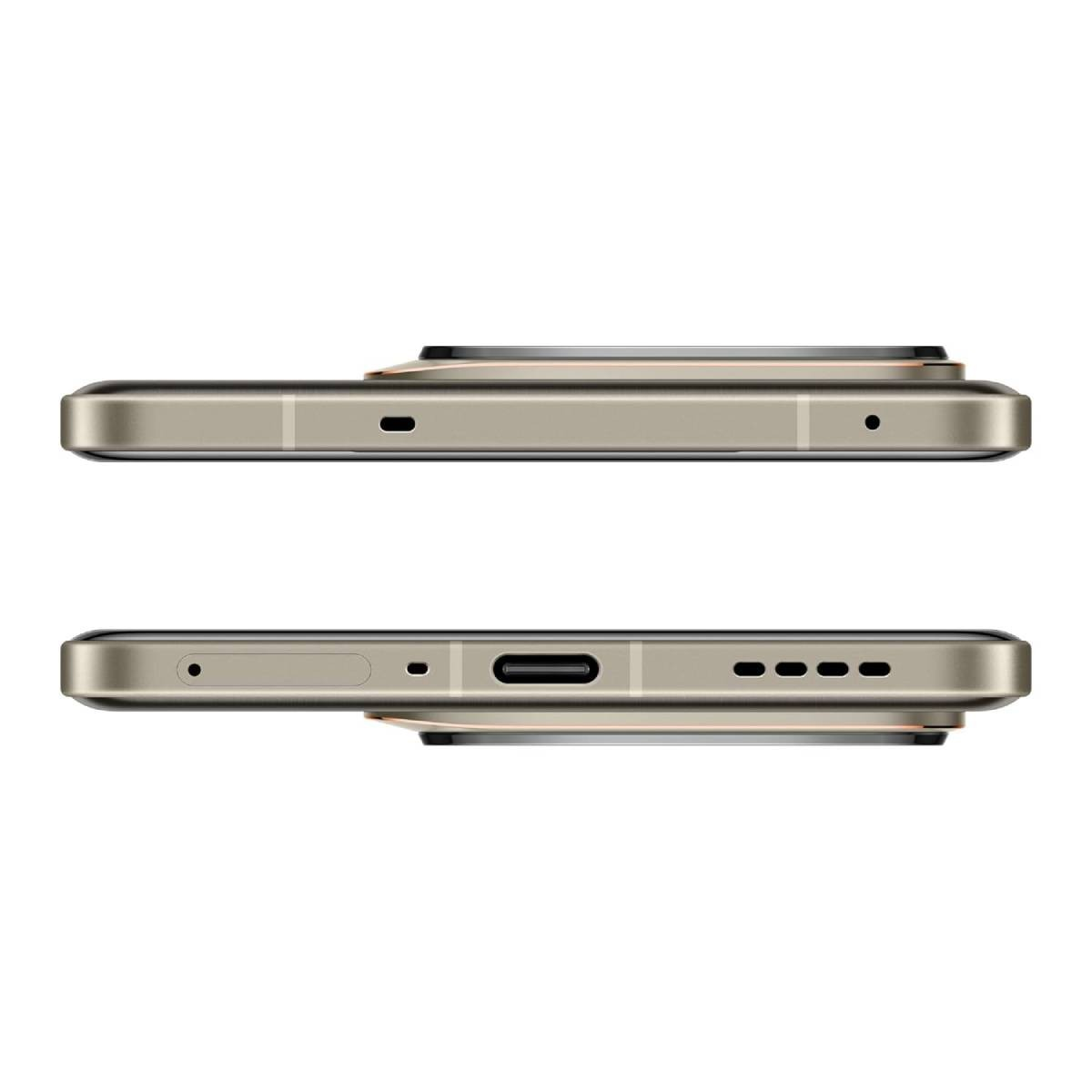 Widok z boku telefonu, złoty z modułem aparatu na górze. Białe tło.