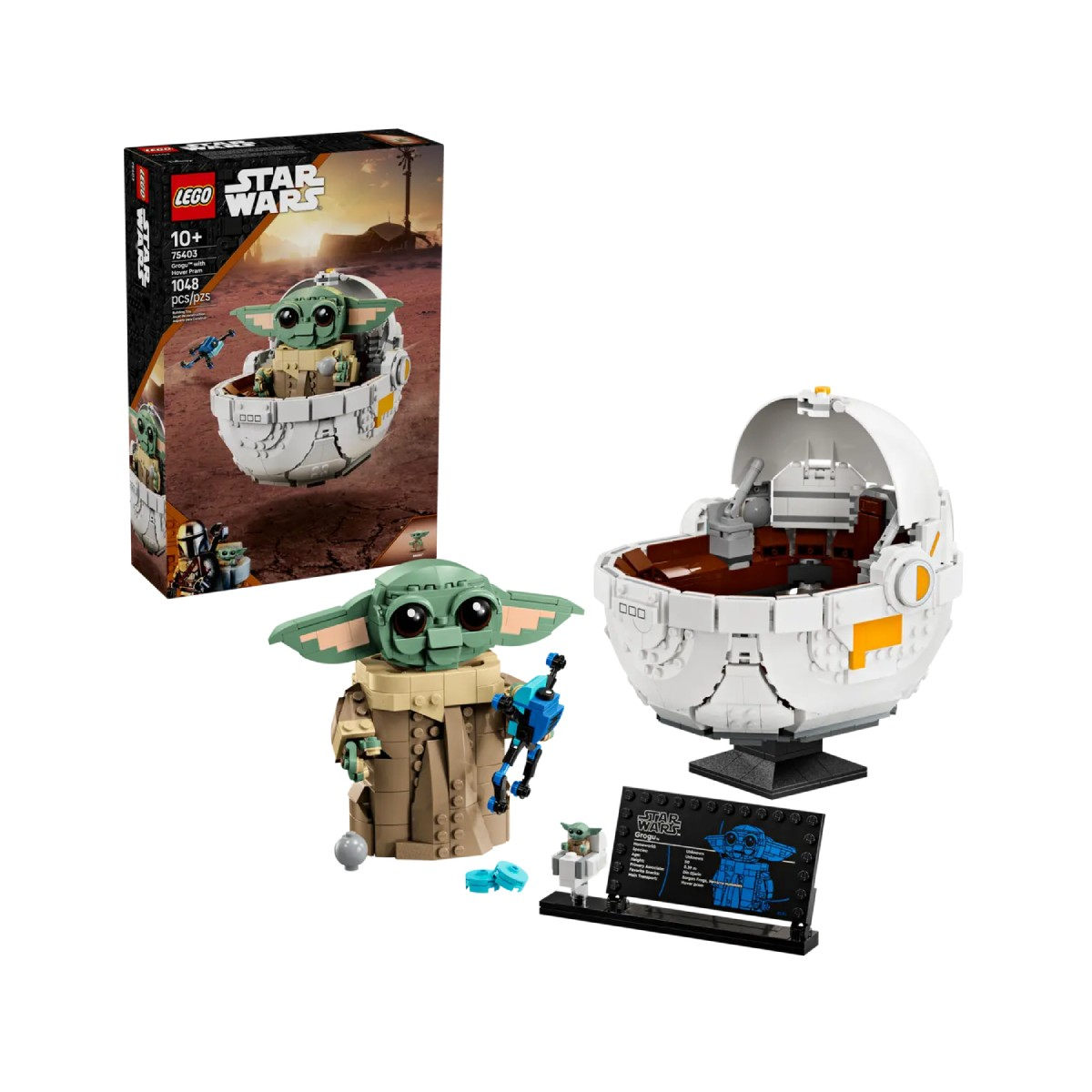 Zestaw Lego Star Wars Grogu z figurką Grogu, jego kapsułą, podstawką i pudełkiem.
