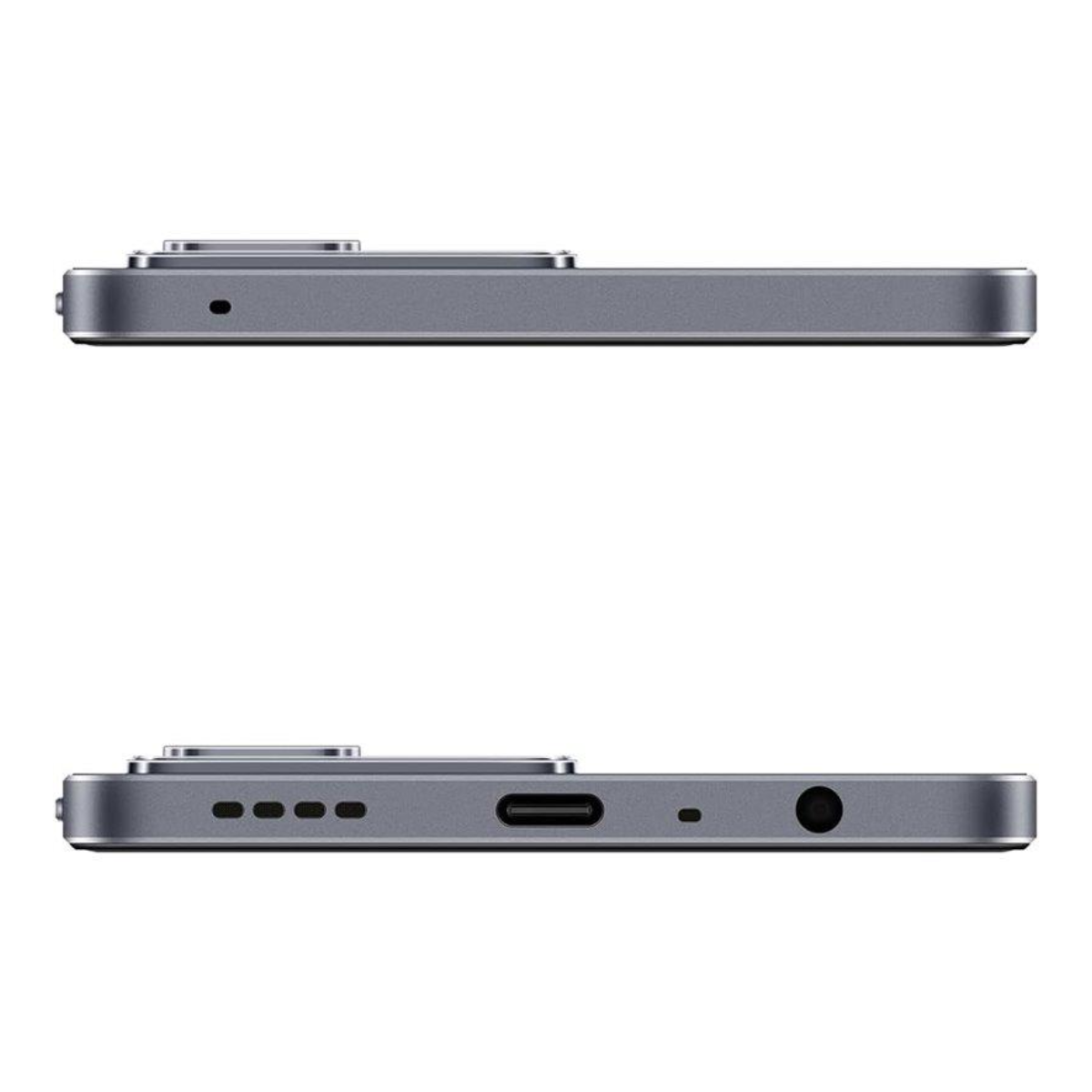 Dwa widoki szarego smartfona, pokazujące górną i dolną krawędź.