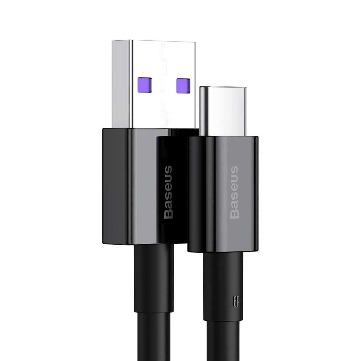 Czarny kabel USB-A do USB-C z napisem 'Baseus' na złączach.