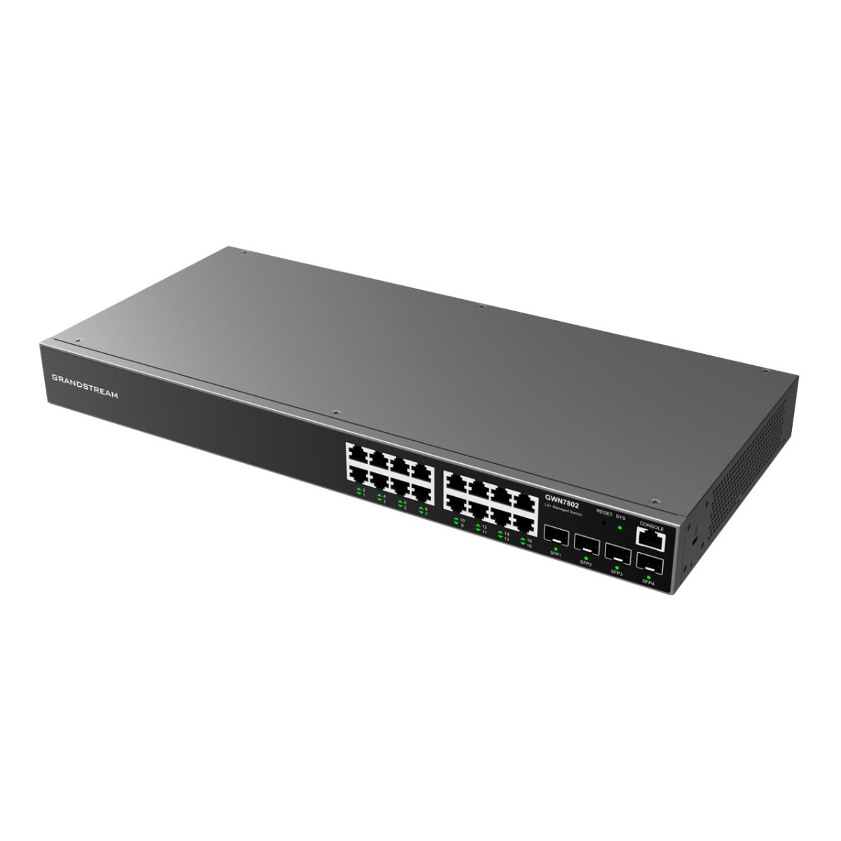 Schwarzer Netzwerk-Switch mit mehreren Ports, Grandstream-Logo oben.