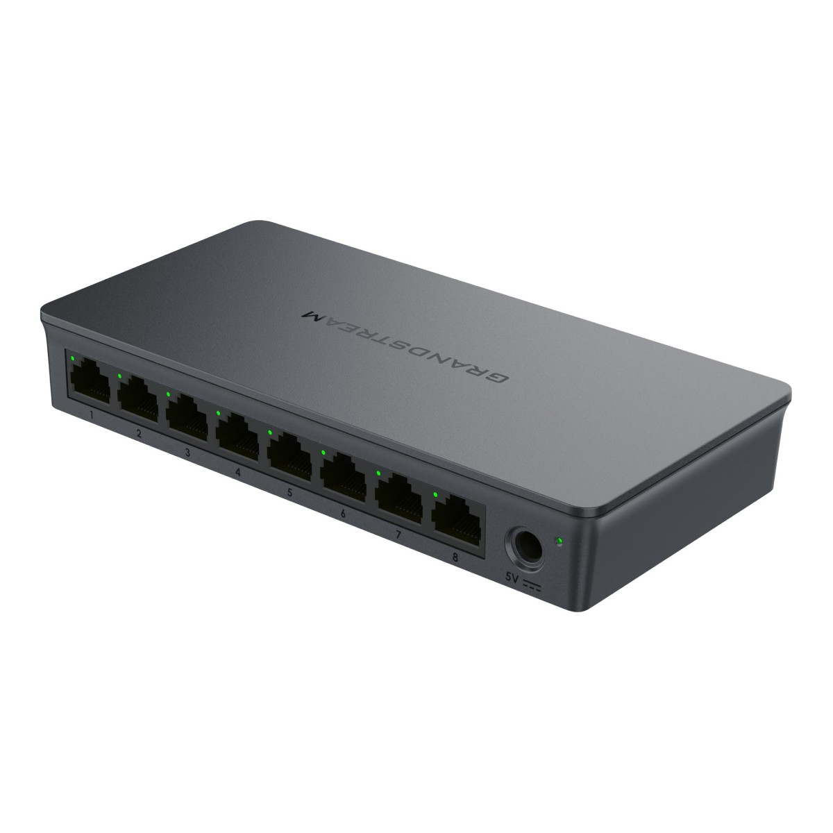 Grijze Grandstream netwerk switch met gemarkeerde poorten. 8 poorten en een stroomingang.