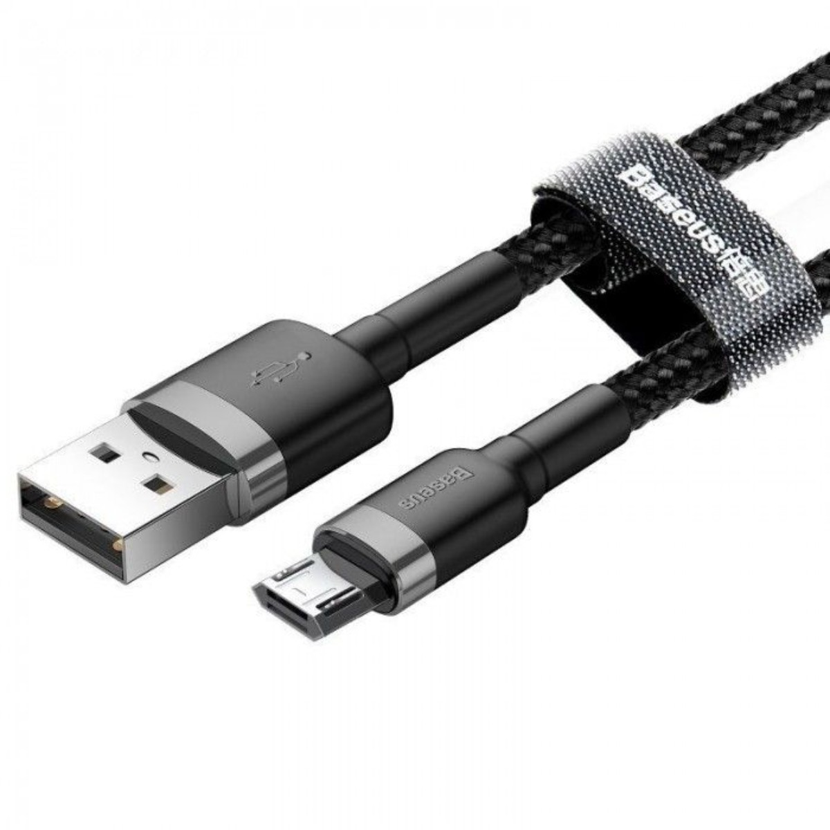 Czarny kabel USB ze złączami USB i micro USB. Marka Baseus na pasku.