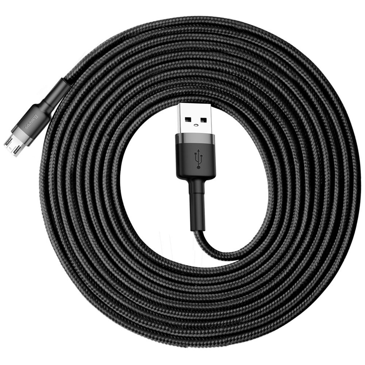 Czarny, pleciony kabel USB zwinięty w pętle. Jeden koniec to USB-A, drugi USB-C. Widoczne logo Baseus.