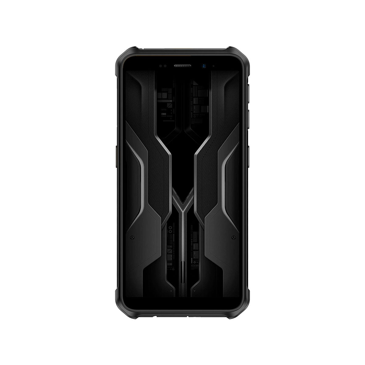 Czarny smartfon. Tylny panel z teksturowanym, geometrycznym wzorem.