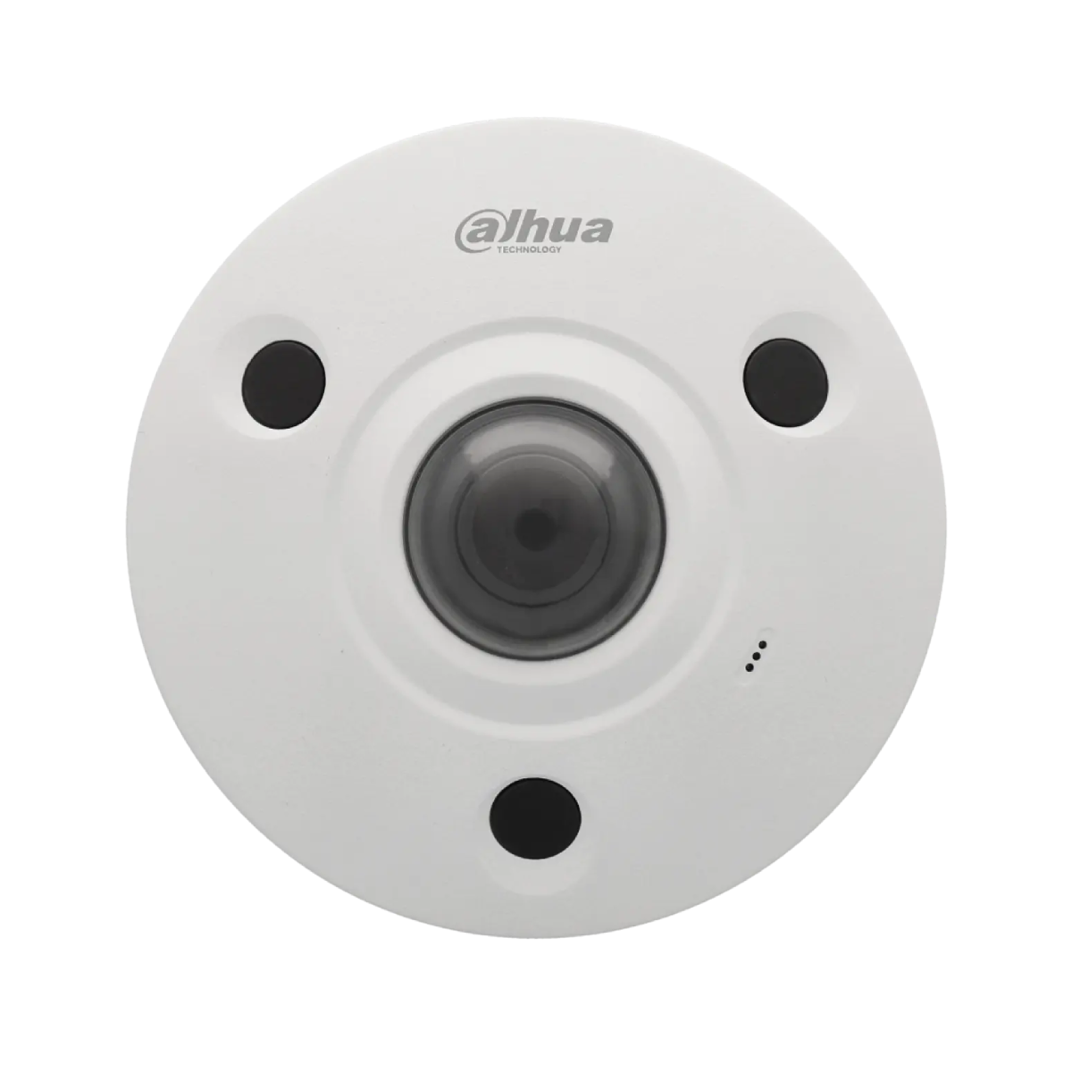 Witte beveiligingscamera met een zwarte lens en drie zwarte stippen.