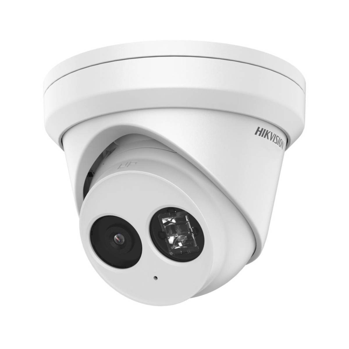 Telecamera di sicurezza a cupola bianca con obiettivo e logo HIKVISION su superficie bianca.