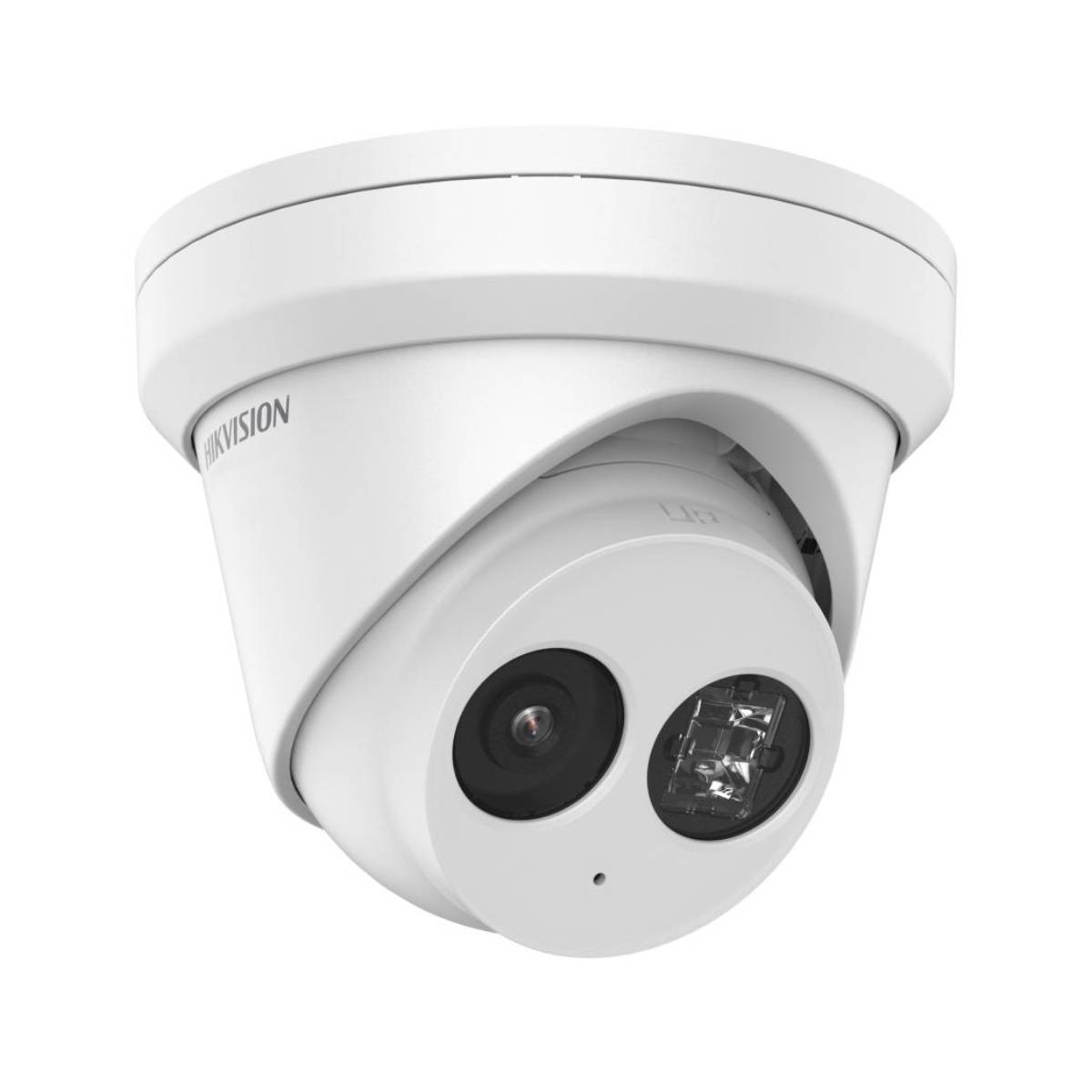 Telecamera di sicurezza bianca con due lenti. Il marchio è Hikvision.