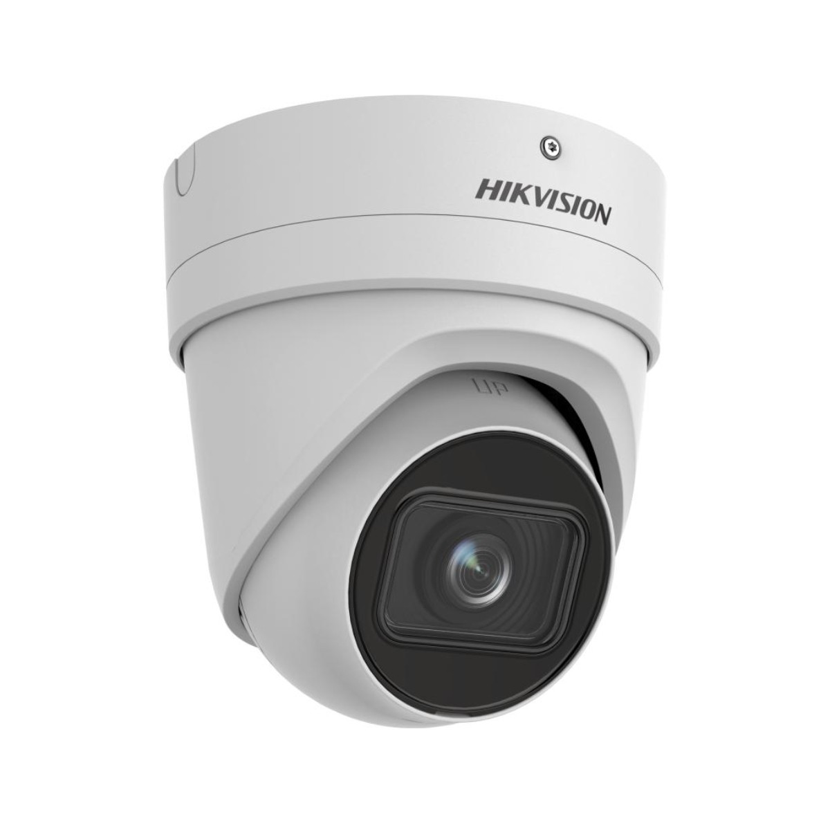 White security camera with a black lens. It is on a white background.