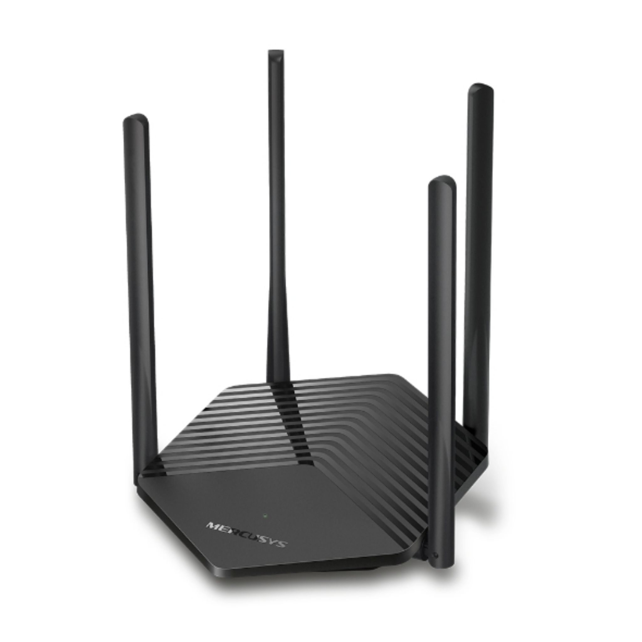 Zwarte router met 4 antennes op witte achtergrond. De router heeft een strak design en staat omhoog gericht.
