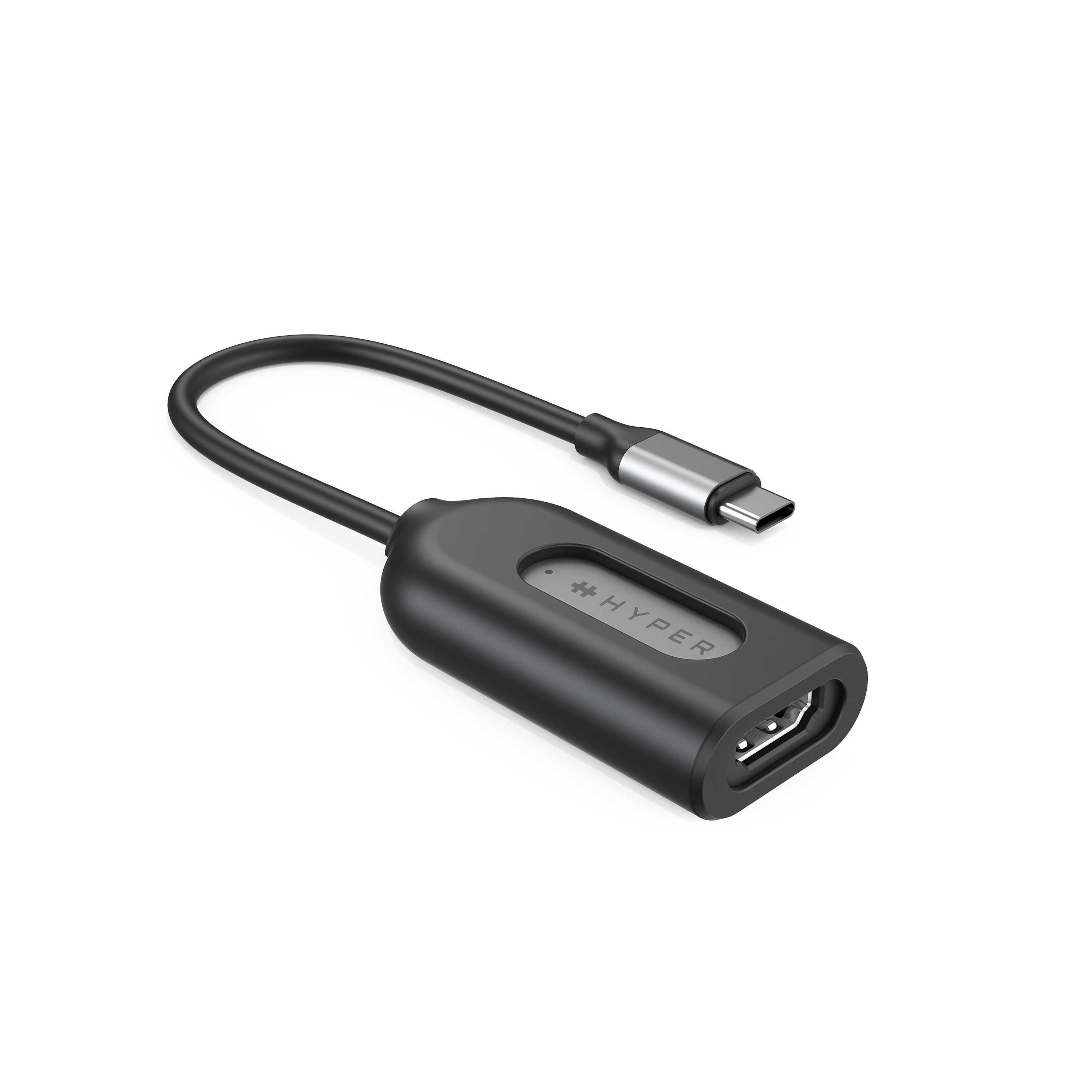 Czarny kabel adaptera USB-C do HDMI z logo Hyper na adapterze.