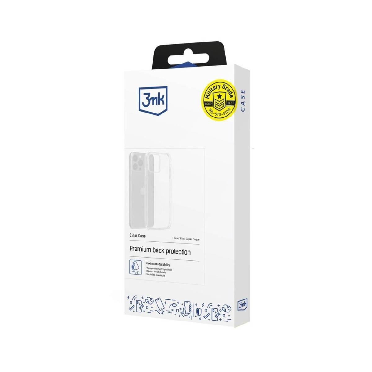 Białe pudełko z przezroczystym etui na telefon. Pudełko z marką '3mk' i 'Military Grade Case'.