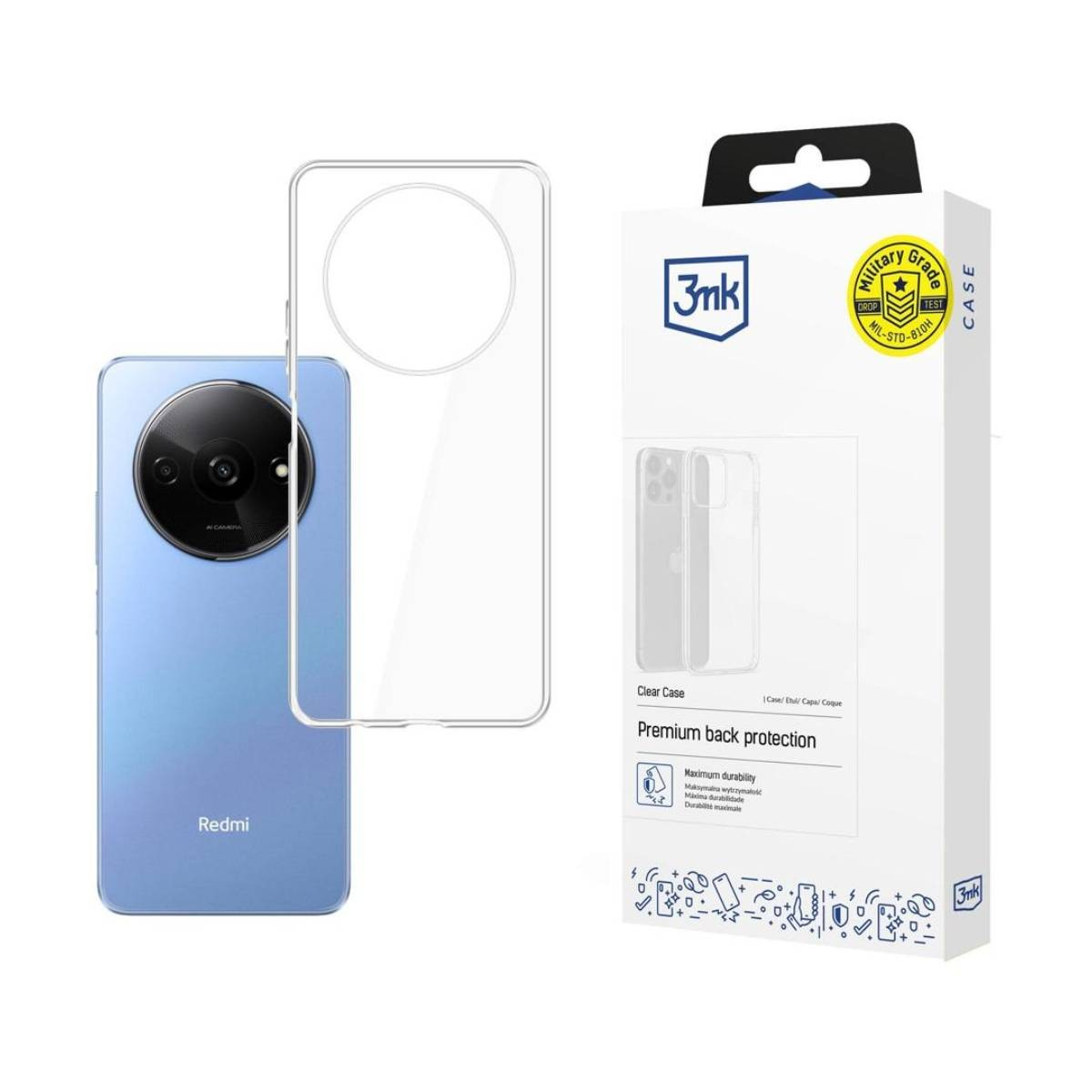 Niebieski telefon z przezroczystym etui, pudełko od telefonu po prawej. Telefon oznaczony marką 'Redmi'.