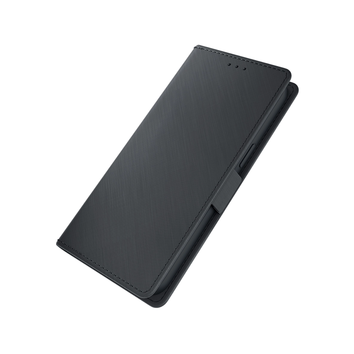 Custodia per telefono in pelle nera chiusa. La custodia ha una chiusura magnetica ed è chiusa ad angolo.